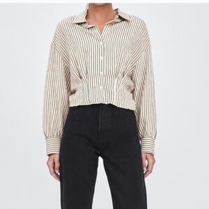 ZARA Beige Striped Button-Down Shirt Size Medium
